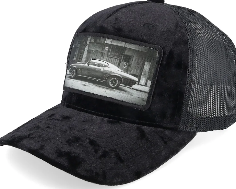 American Muscle Car In The Street Velvet Black A-Frame Trucker - Calza Pennello