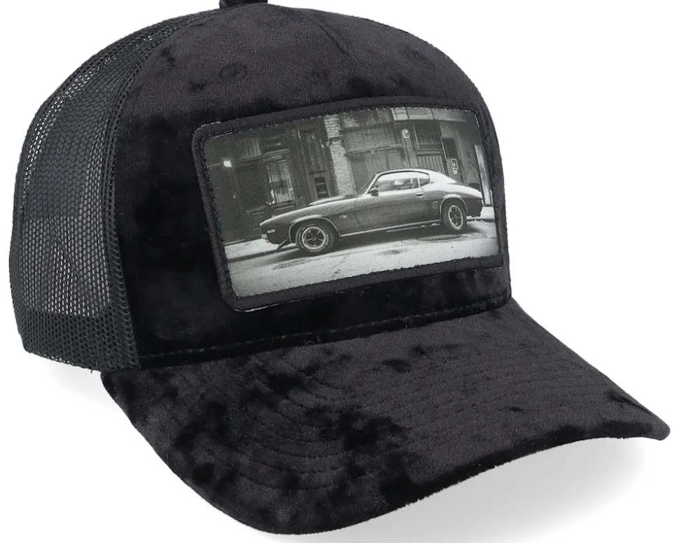 American Muscle Car In The Street Velvet Black A-Frame Trucker - Calza Pennello