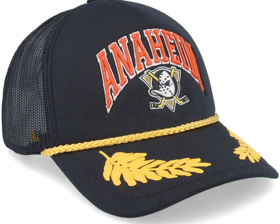 Anaheim Ducks Gold Leaf Hwc Black Trucker - Mitchell & Ness
