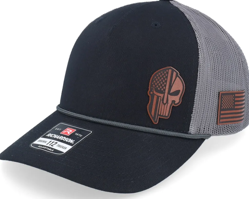 Army Skull Usa Brown Patch Heather Grey/Black Rope A-Frame Trucker - Army Head