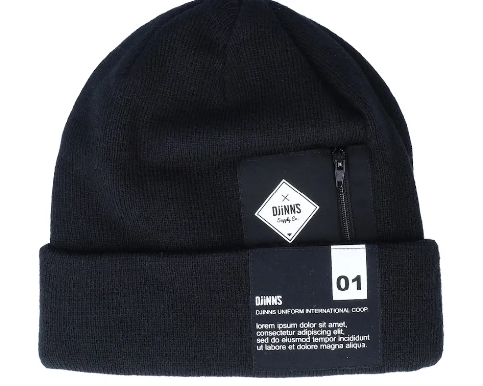 Basic Beanie Lorem Pocket Black Cuff - Djinns