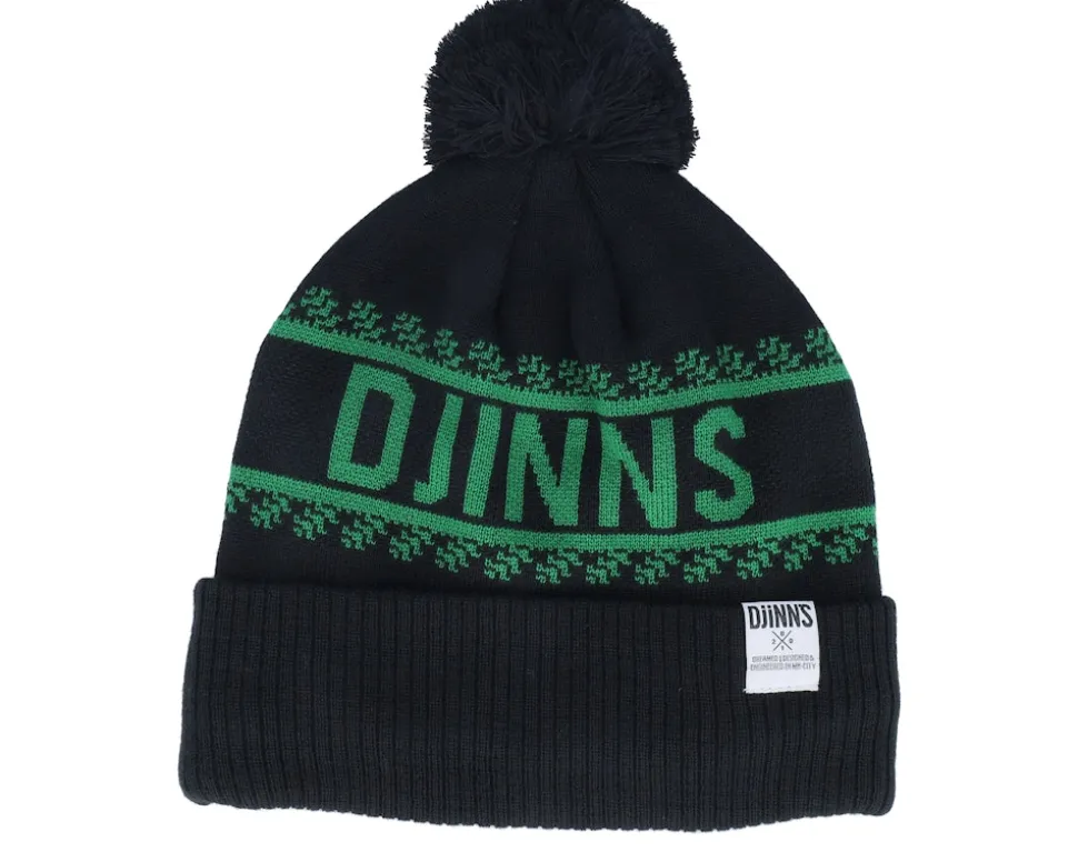 Bubble Beanie Winter Jacquard Black/Green Pom - Djinns