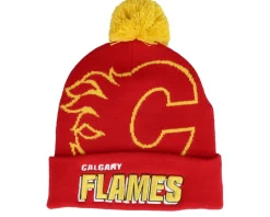 Calgary Flames Punch Out Knit Red Pom - Mitchell & Ness