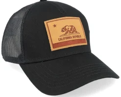Calif Twill Valin Leather Patch Black Trucker - American Needle