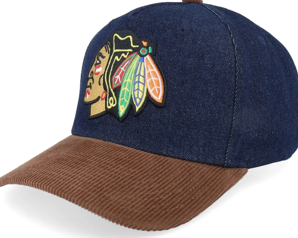 Chicago Blackhawks D-stressed Pro Dark Navy/Brown Corduroy A-frame Adjustable - Mitchell & Ness