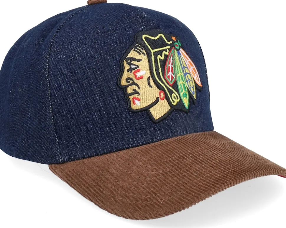 Chicago Blackhawks D-stressed Pro Dark Navy/Brown Corduroy A-frame Adjustable - Mitchell & Ness