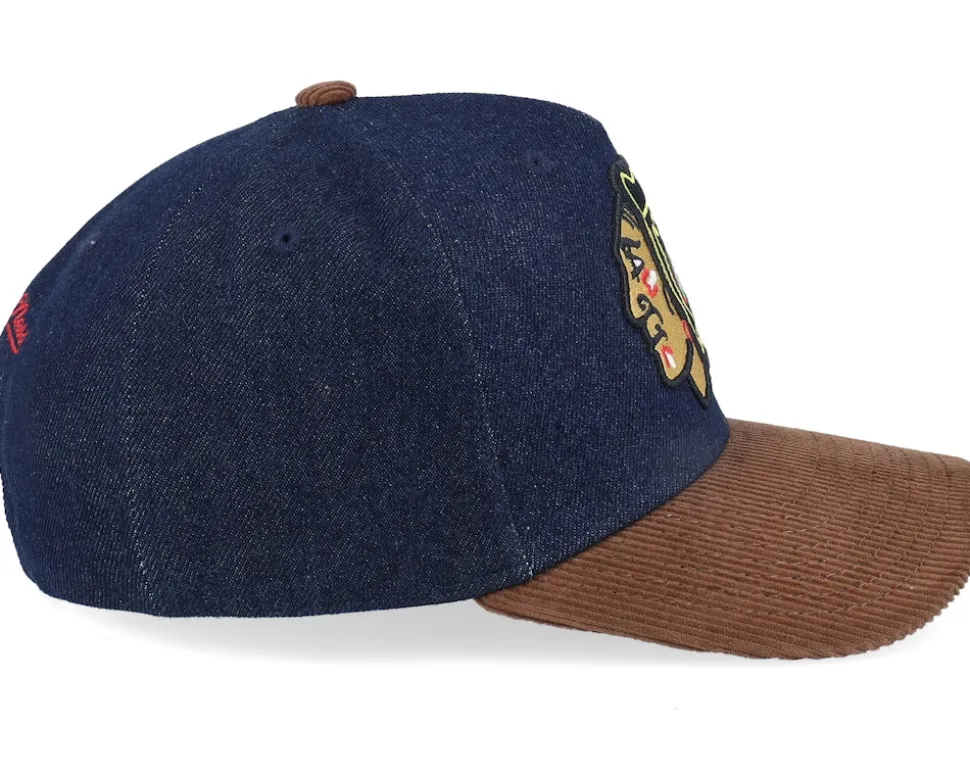 Chicago Blackhawks D-stressed Pro Dark Navy/Brown Corduroy A-frame Adjustable - Mitchell & Ness