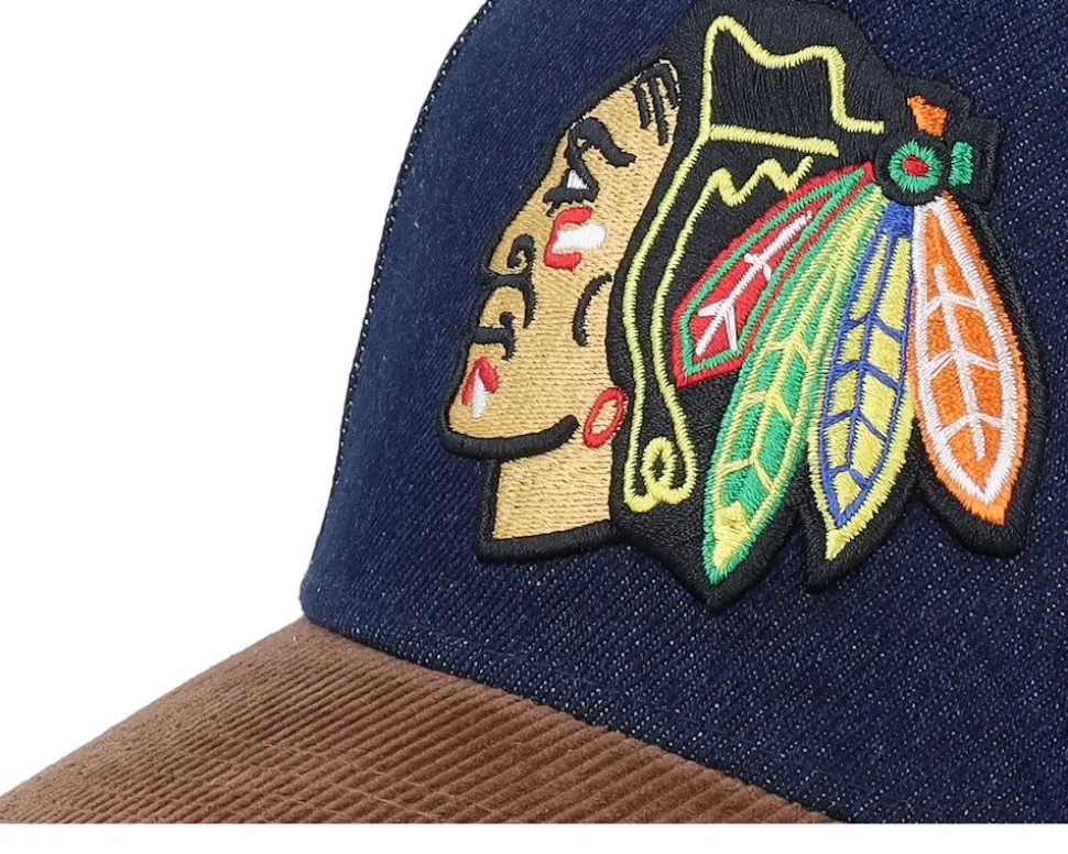 Chicago Blackhawks D-stressed Pro Dark Navy/Brown Corduroy A-frame Adjustable - Mitchell & Ness