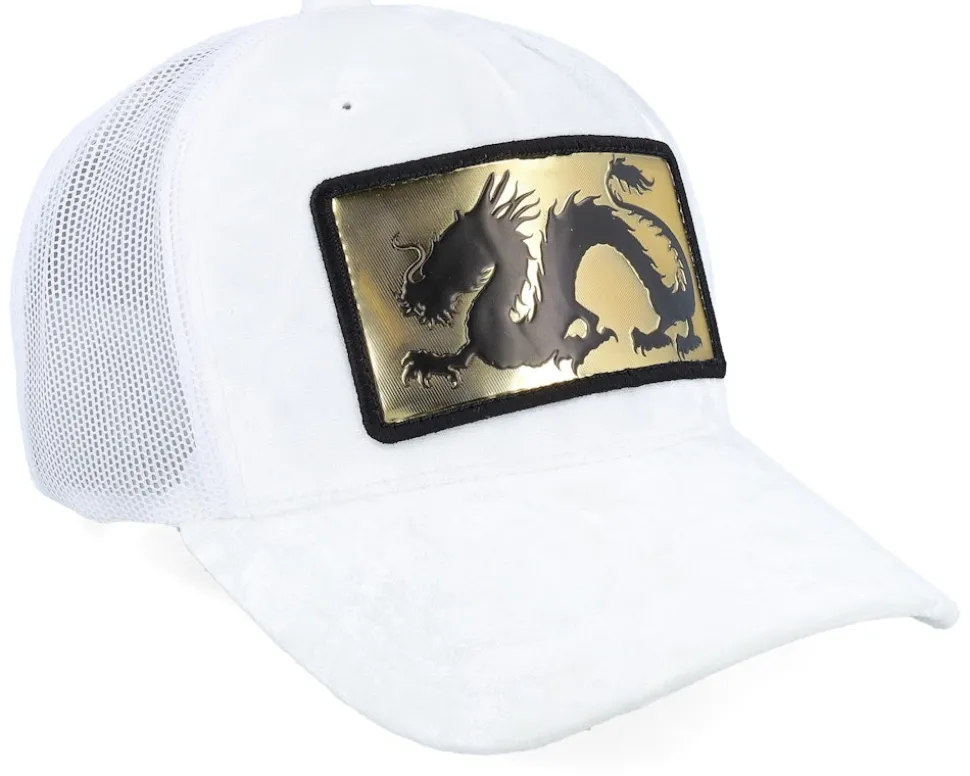 Chinese Dragon Gold Patch Velvet White A-frame Trucker - Calza Pennello