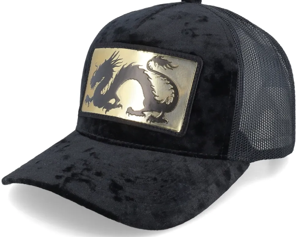 Chinese Dragon Gold Patch Velvet White A-frame Trucker - Calza Pennello