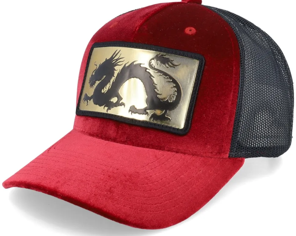 Chinese Dragon Gold Patch Velvet Red/Black A-frame Trucker - Calza Pennello