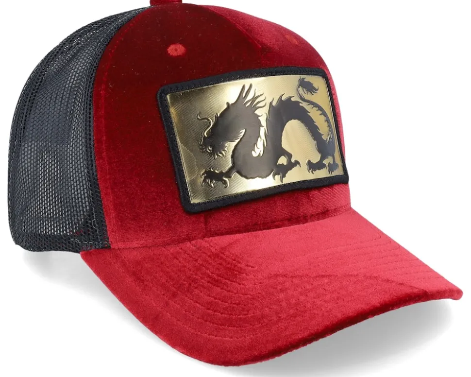 Chinese Dragon Gold Patch Velvet Red/Black A-frame Trucker - Calza Pennello