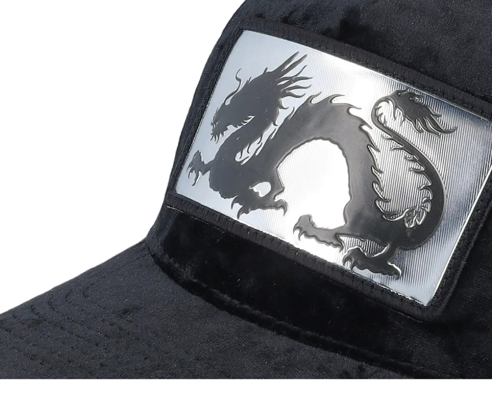 Chinese Dragon Silver Patch Velvet Black A-Frame Trucker - Calza Pennello