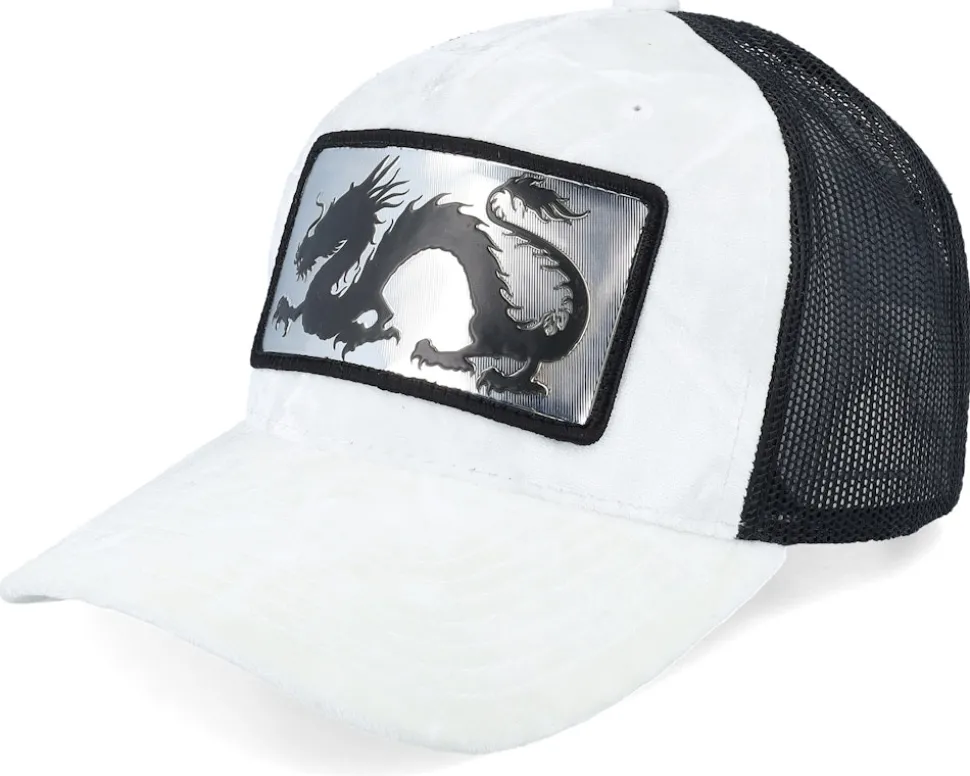 Chinese Dragon Silver Patch Velvet Black A-Frame Trucker - Calza Pennello