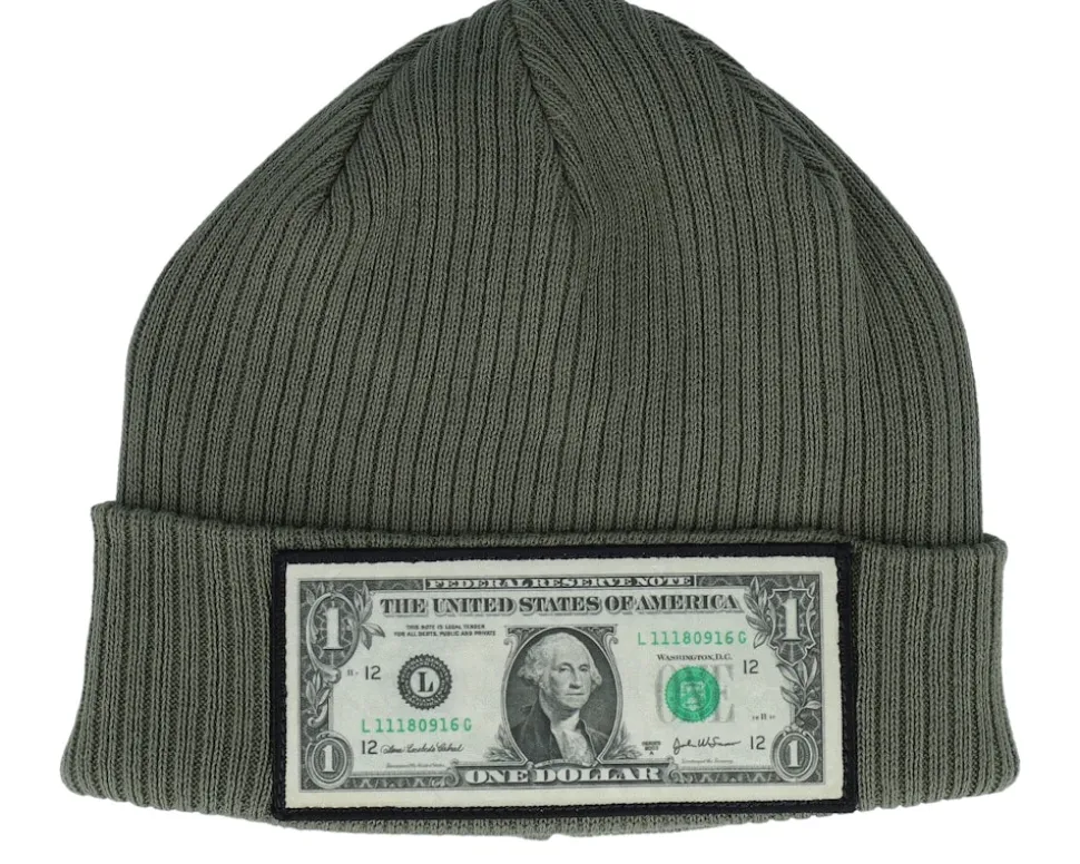 Dollar Bill Olive Green Beanie Organic Cotton Cuff - Calza Pennello