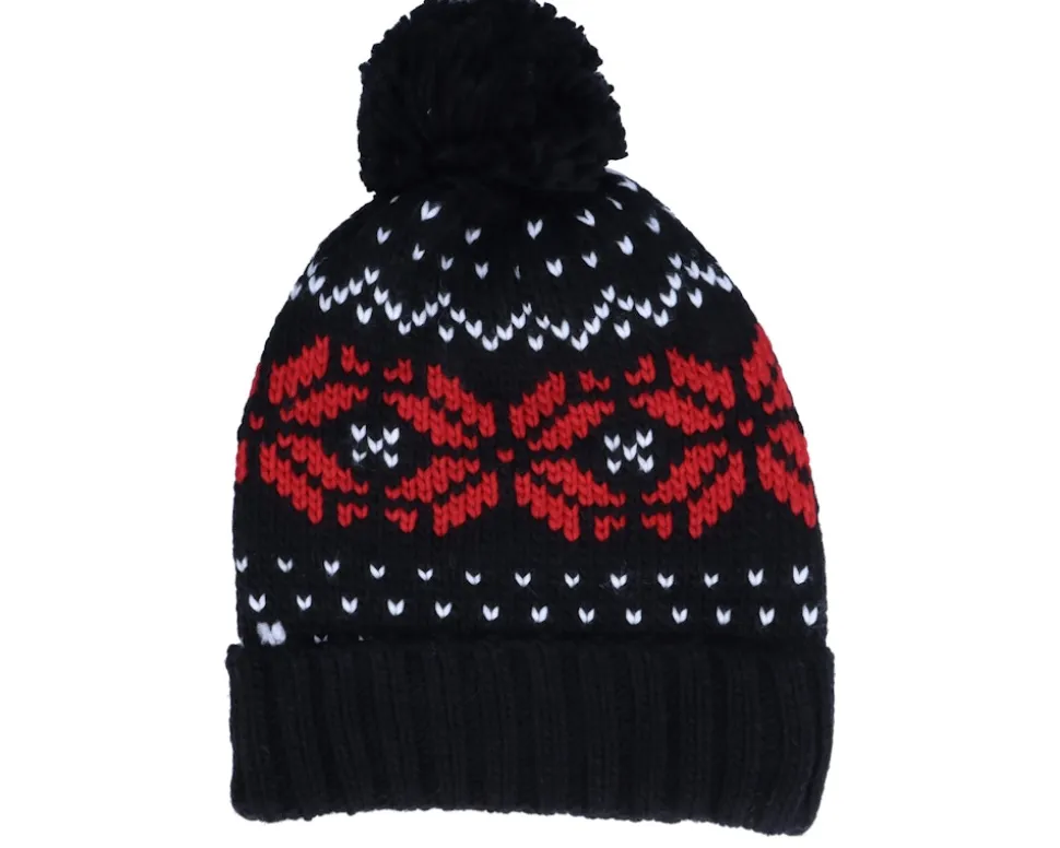 Fair Isle Snowstar® Beanie Black/Classic Red/White Pom - Beechfield