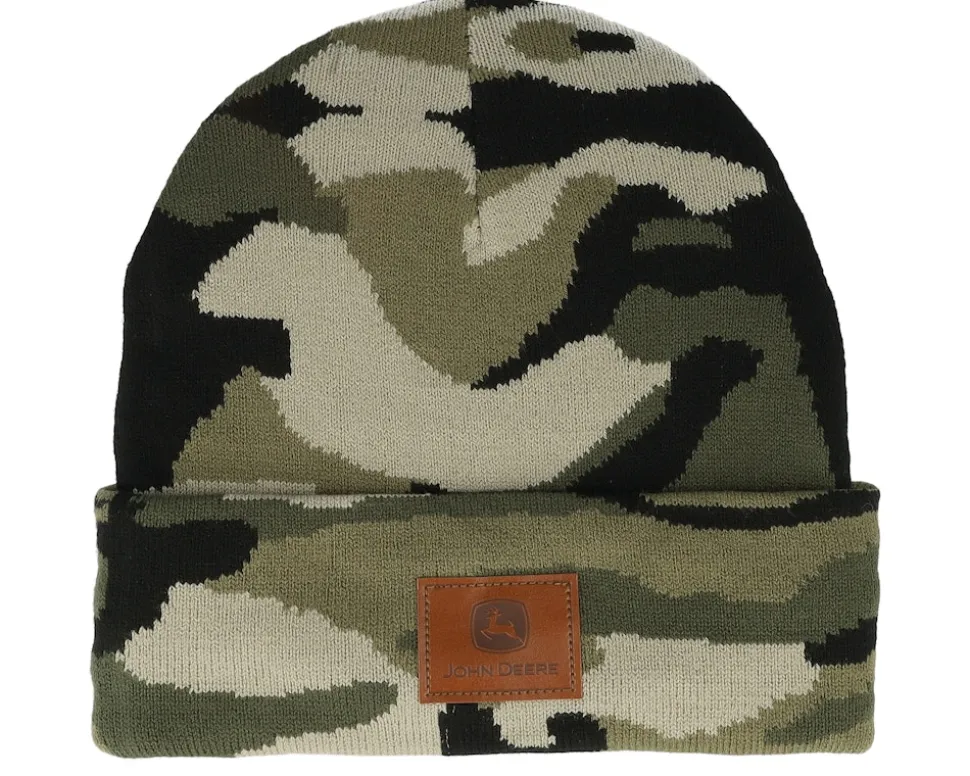 Fake Leather Patch Beanie Camouflage Cuff - John Deere