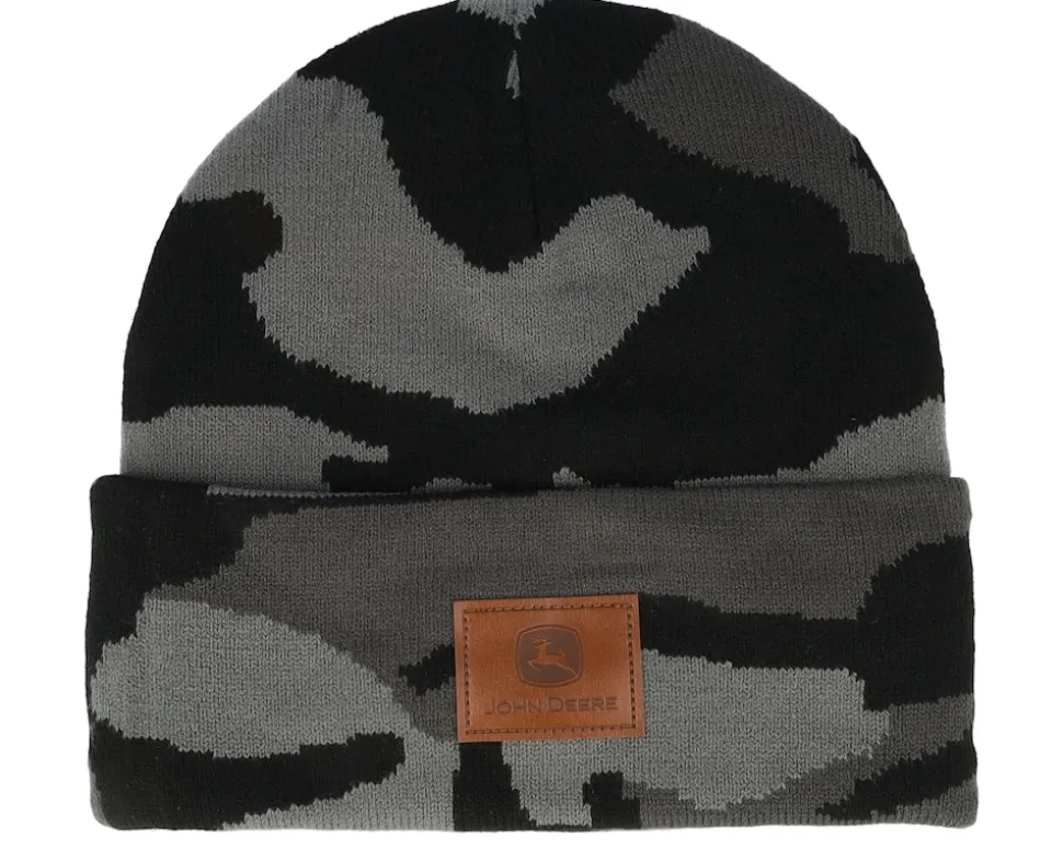 Fake Leather Patch Knit Beanie Camouflage Cuff - John Deere