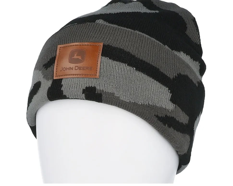Fake Leather Patch Knit Beanie Camouflage Cuff - John Deere
