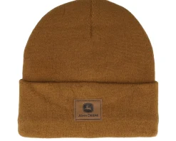 Fake Leather Patch Micro Fleece Lined Beanie Brown Cuff - John Deere