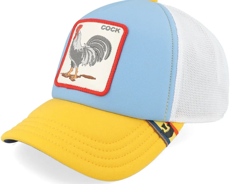 First Cock- Farm Originals Sky/White/Yellow/Navy UV A-Frame Trucker - Goorin Bros.