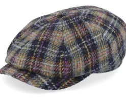 Hatteras Check Harris Tweed Navy/Yellow/Purple Flat Cap - Stetson