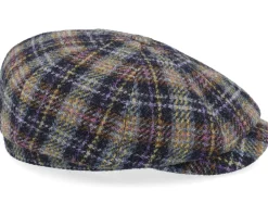 Hatteras Check Harris Tweed Navy/Yellow/Purple Flat Cap - Stetson