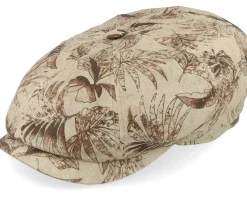 Hatteras Organic Linen Print Beige Leaves Flat Cap - Stetson