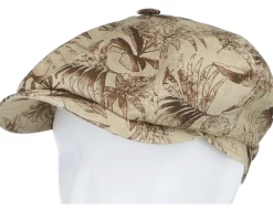 Hatteras Organic Linen Print Beige Leaves Flat Cap - Stetson