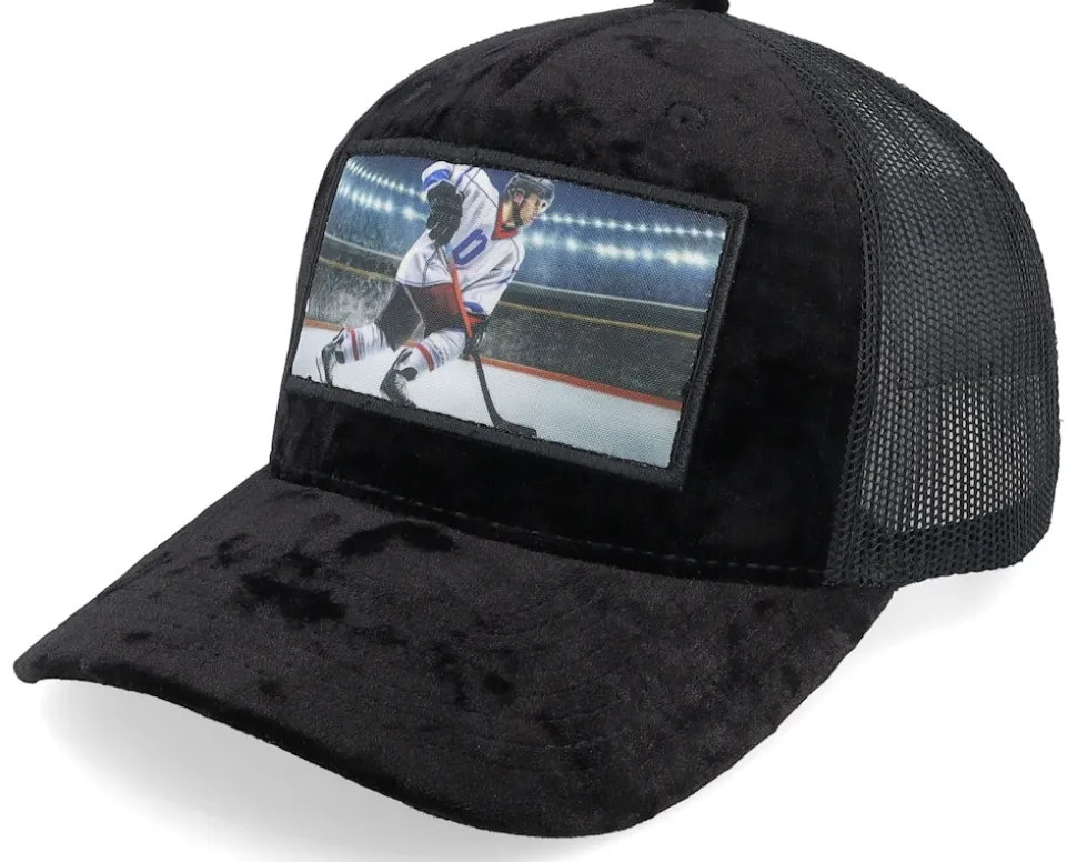 Hockey Player Blue White Color Velvet Black A-Frame Trucker - Iconic