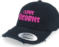 I Love Unicorns Black Destroyed Dad Cap - Unicorns