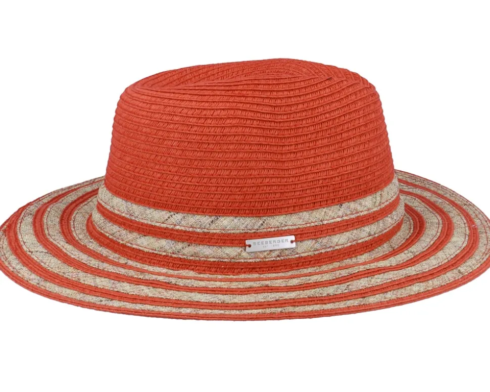 In Stripy Design Terracotta-Sand Fedora Straw Hat - Seeberger