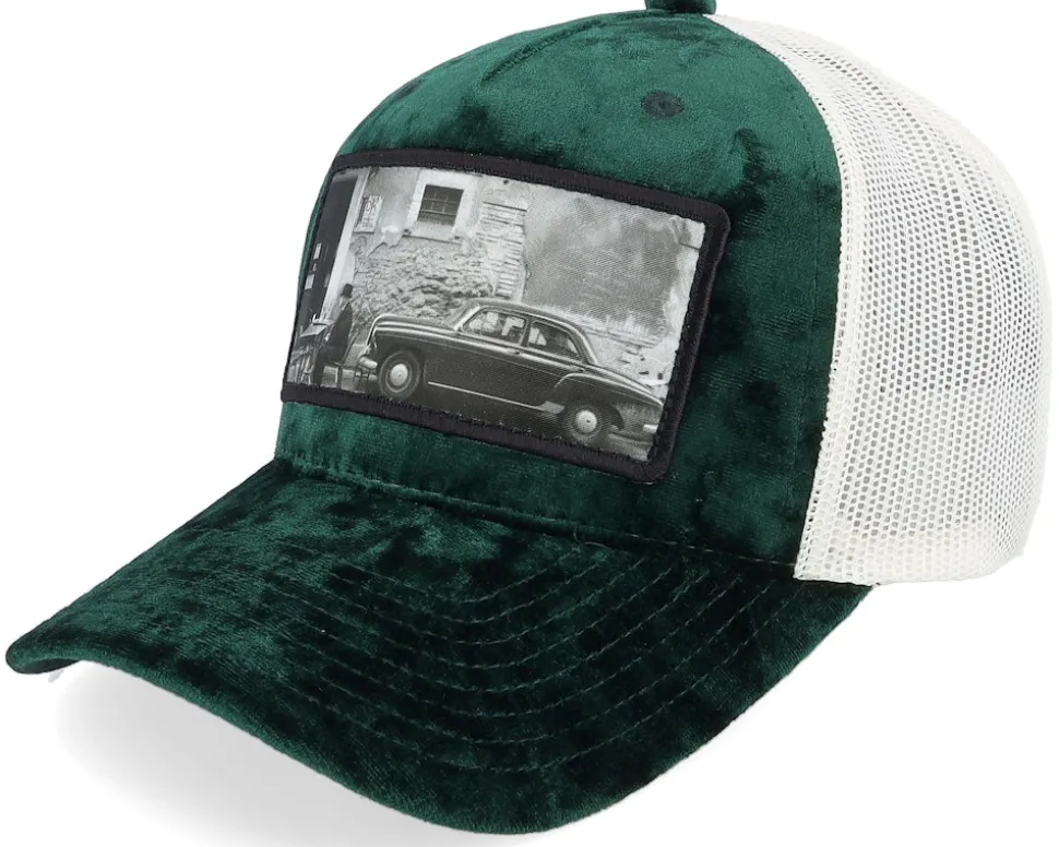 Italy Street And Classic Car Velvet Green/Ivory A-Frame Trucker - Calza Pennello