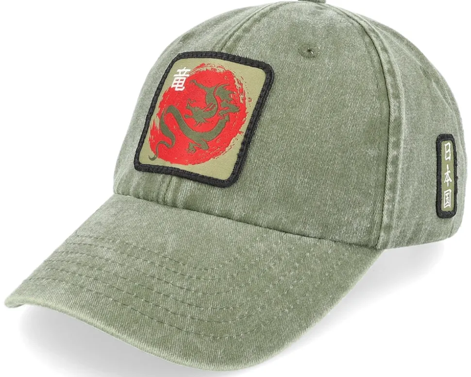 Japanese Dragon Vintage Denim Olive Dad Cap - Yapan