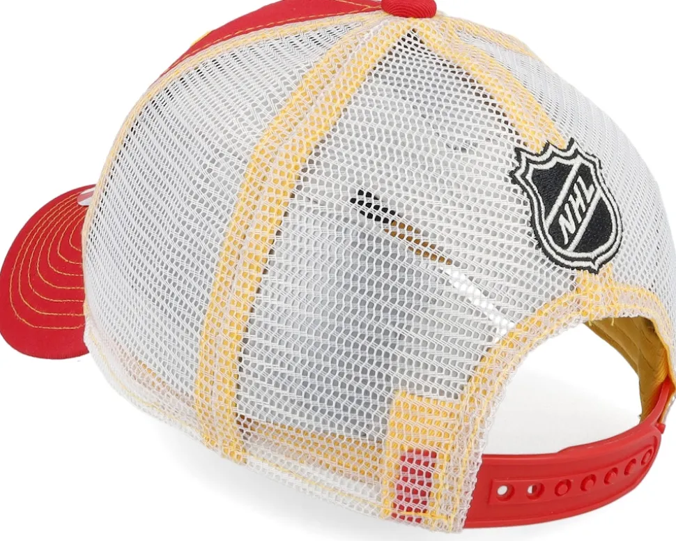 Kids Calgary Flames Lockup Meshback Cap Red/White/Yellow Trucker - Outerstuff