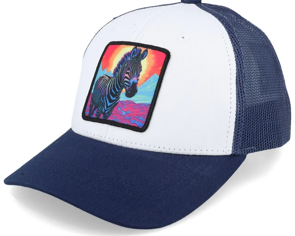 Kids Colorful Zebra Patch White/Navy Trucker - Kiddo Cap