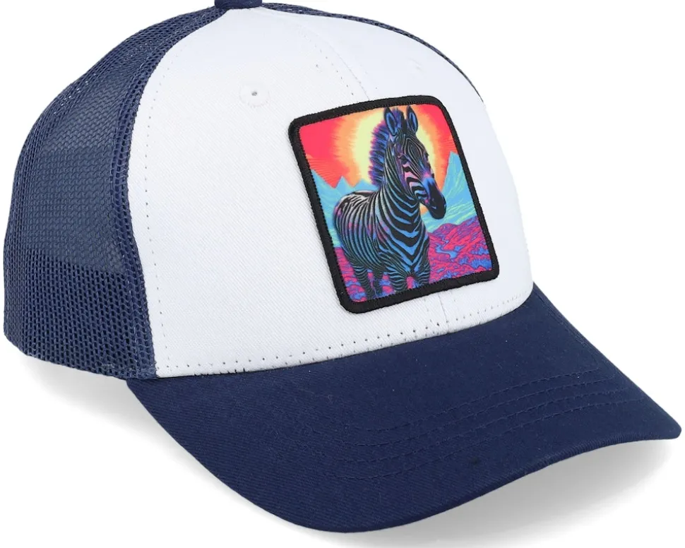 Kids Colorful Zebra Patch White/Navy Trucker - Kiddo Cap