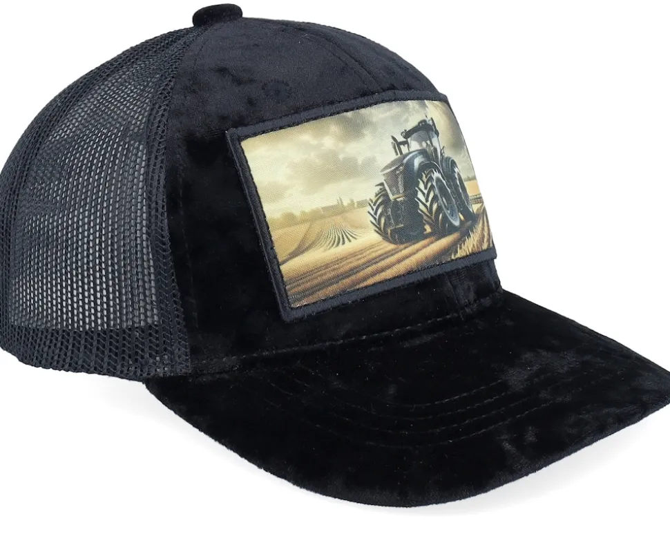 Kids Farming Tractor Patch Velvet Black Trucker - Kiddo Cap