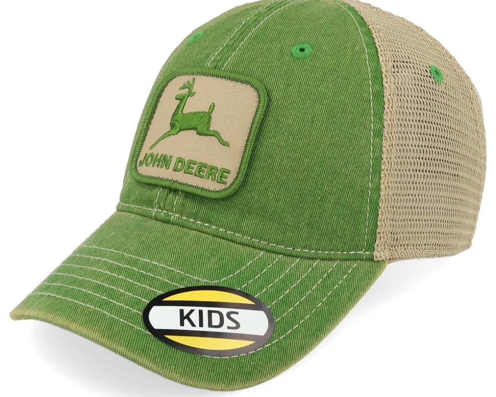 Kids Stone Washed Logo Cap Ivory/Dark Green Trucker - John Deere