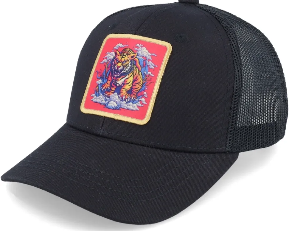 Kids Tiger On Clouds Patch Black Trucker - Kiddo Cap