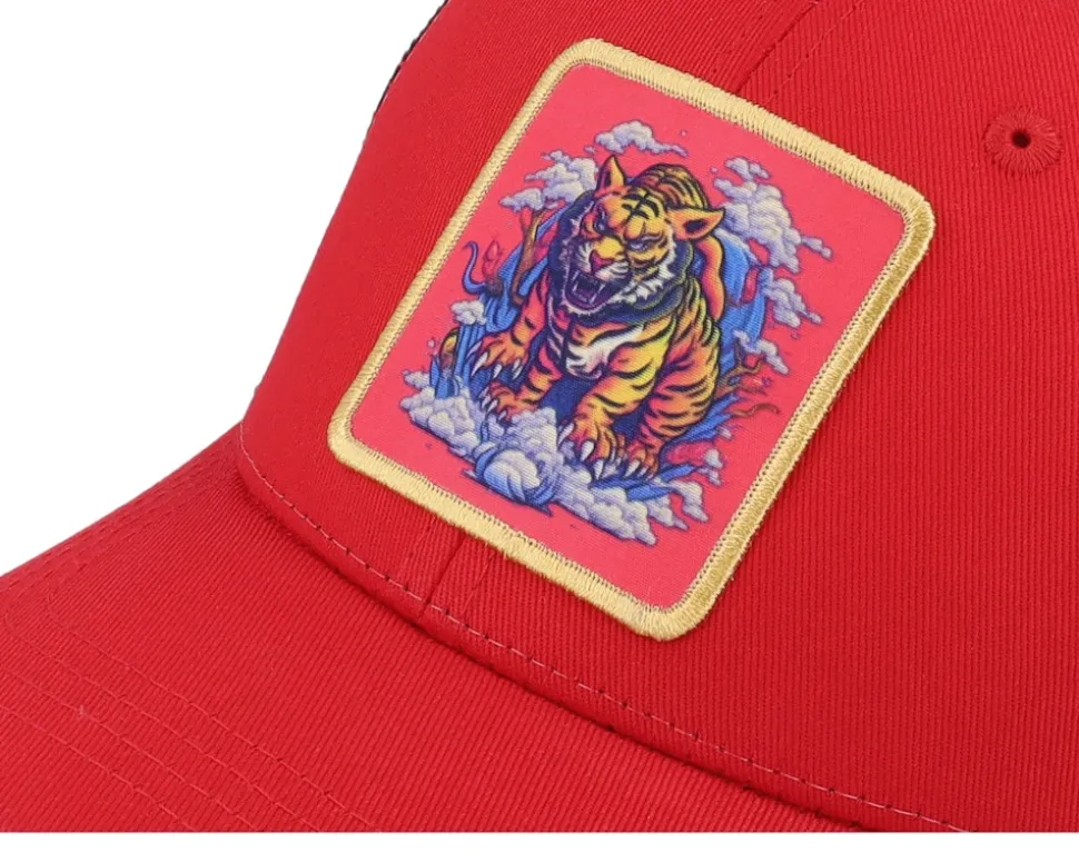 Kids Tiger On Clouds Patch Scarlet/Black Trucker - Kiddo Cap