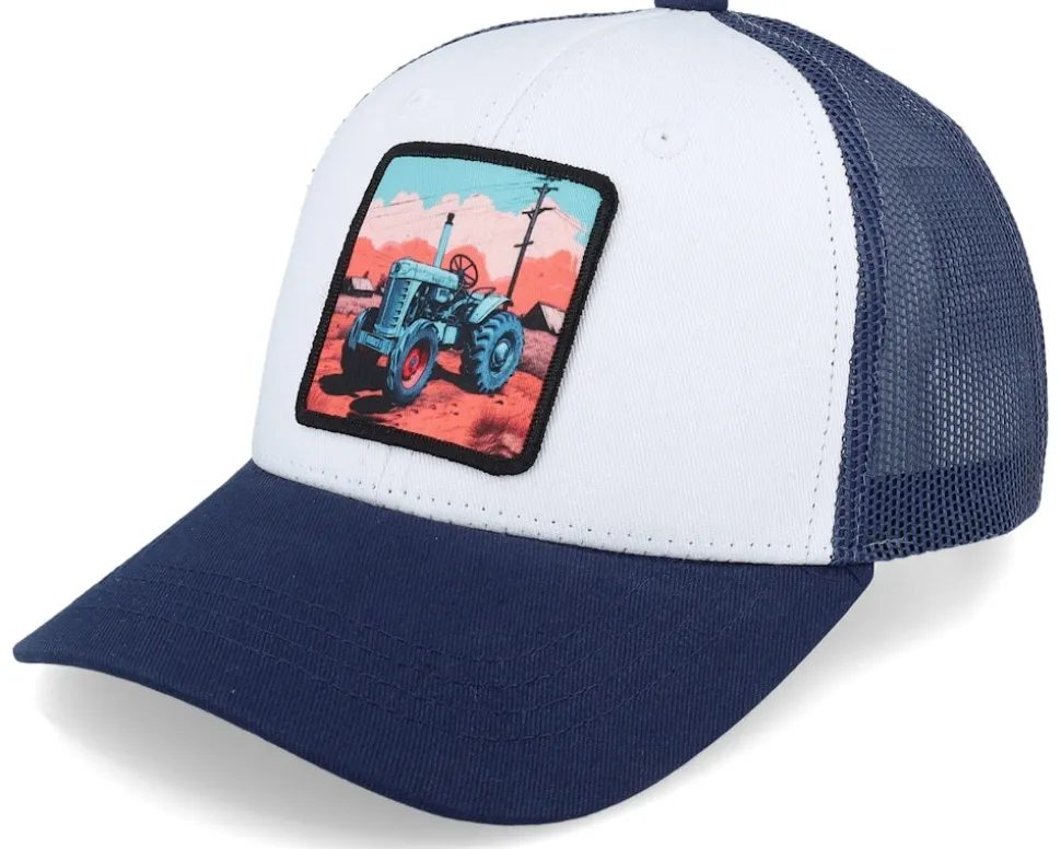 Kids Tractor And Clouds Patch Light Black Trucker - Kiddo Cap