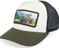 Kids Yellow Tractor Ivory/Black/Dark Mesh Trucker - Kiddo Cap