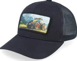 Kids Yellow Tractor Ivory/Black/Dark Mesh Trucker - Kiddo Cap