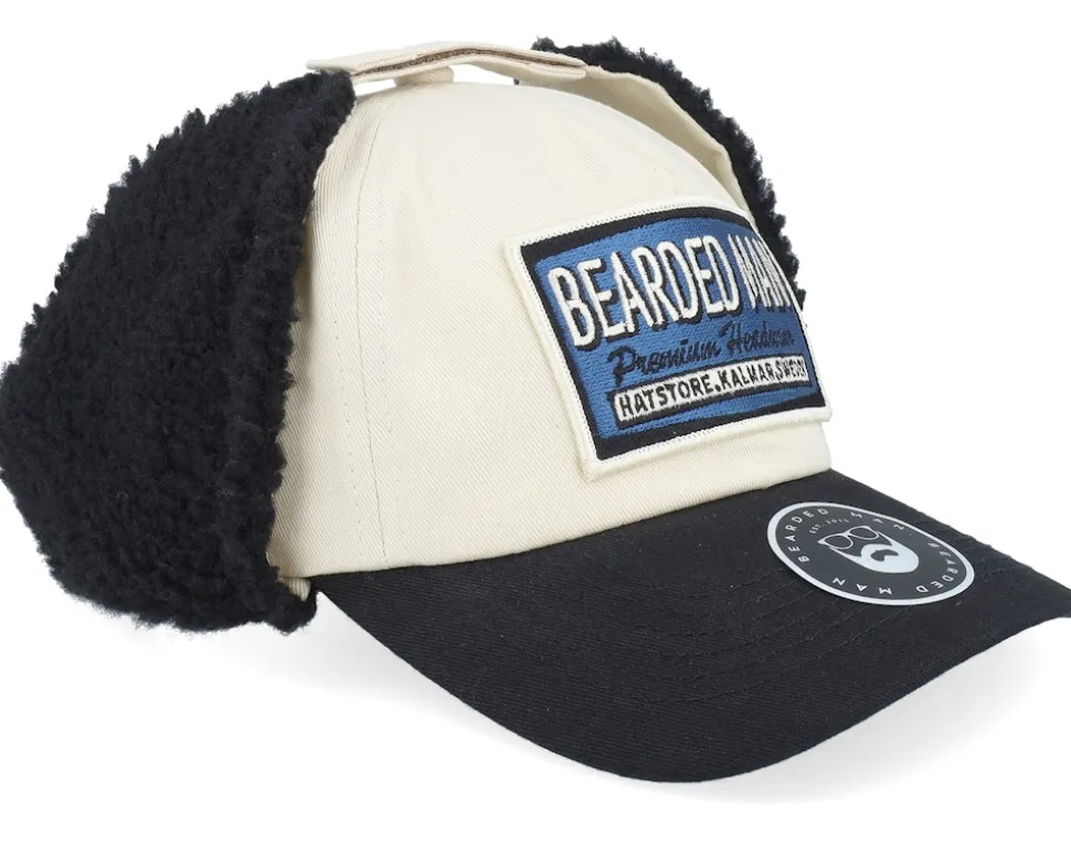 Logo Off White/Blue Golfer Beige/Black Earflap - Bearded Man