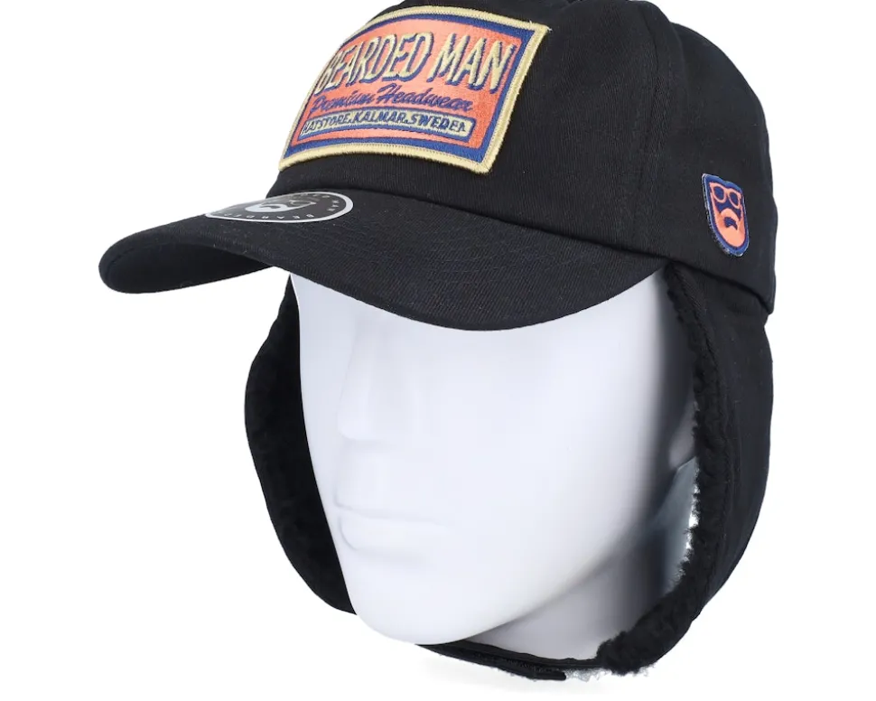 Logo Patch Red/Blue Golfer Cotton Black Earflap - Bearded Man