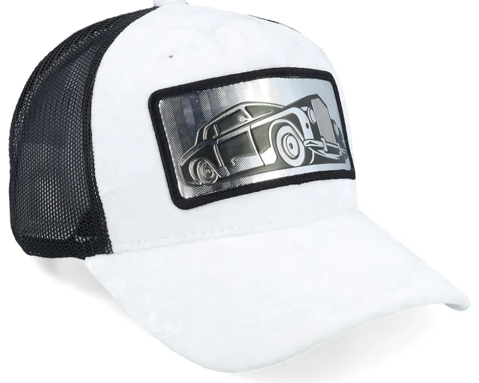 Luxury Car Silver Patch Velvet White/Black A-Frame Trucker - Calza Pennello