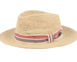 Mabel Crochet Raffia Natural Red Stripe Band Straw Hat - MJM Hats
