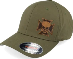 Maltese Cross Skull Brown Patch Olive Flexfit - Born To Ride