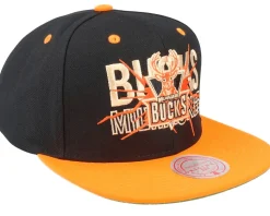 Milwaukee Bucks Shattered Black/Orange Snapback - Mitchell & Ness